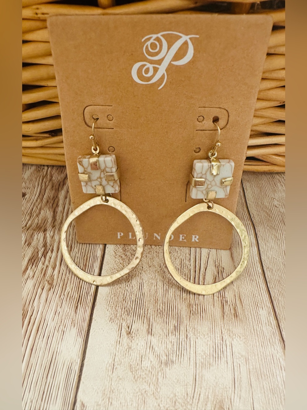 Plunder Gold~Tone Hoop Earrings with Cream Marbled Stone*New*